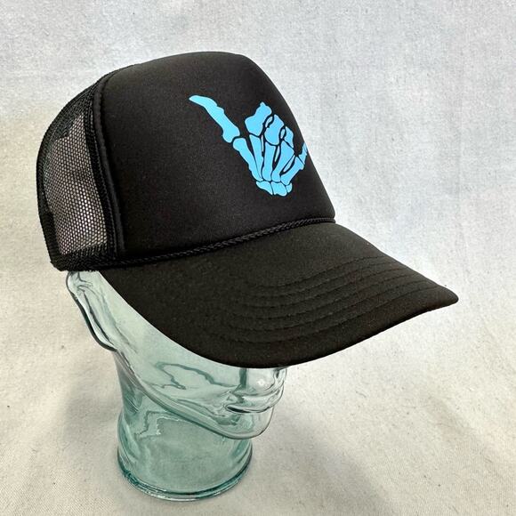 Otto black/blue skeleton hang loose Shaka graphic mesh trucker Snapback hat NWOT main image 8